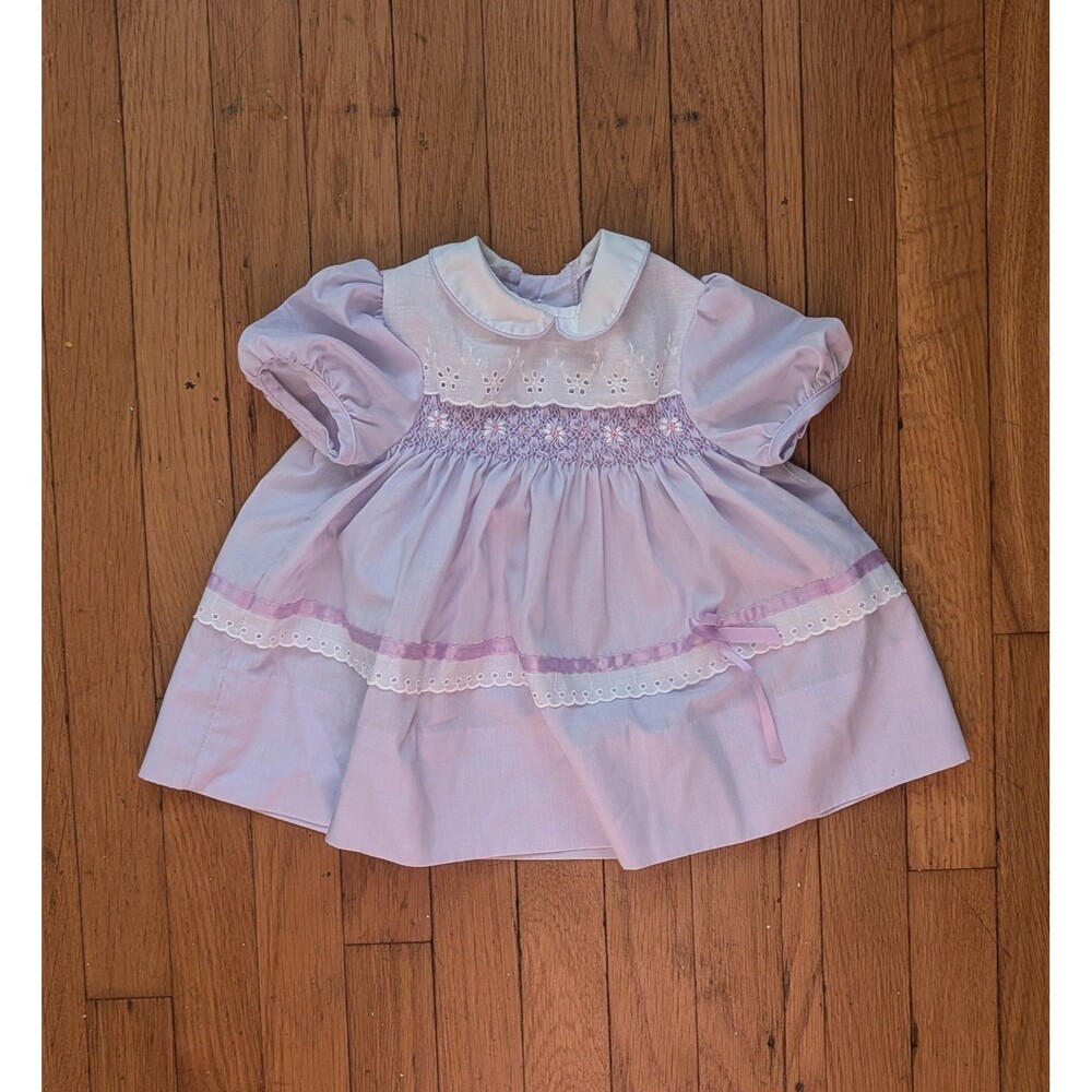 Vintage Purple Smocked Polly Flinders Baby Girl Dress Size 12 Months